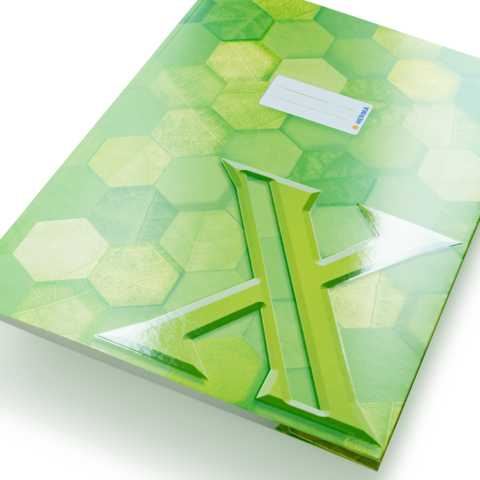 Grünes Notizbuch mit hexagonalem Muster und einem großen, glänzenden Logo in der Mitte. Ein Etikett für Beschriftungen ist sichtbar.