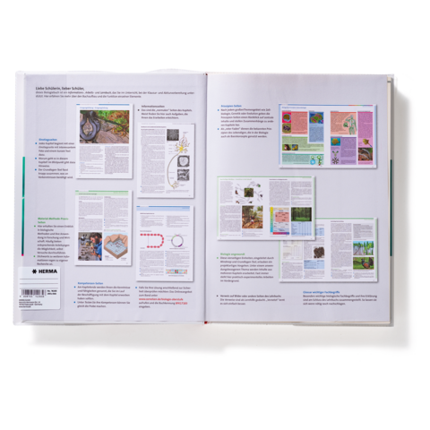 Zwei offene Buchseiten mit Text und Grafiken zu biologischen Themen, einschließlich Diagrammen und Bildern von Pflanzen und Tieren.