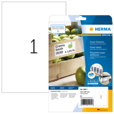 Etikettenpackung mit der Aufschrift "Granny Smith" und Preisangabe, umgeben von grünen Äpfeln. Verpackung von HERMA, enthält 25 Etiketten.