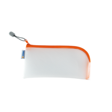 Ein weißes Federmäppchen mit orangefarbenem Reißverschluss und grauem Zipper.
