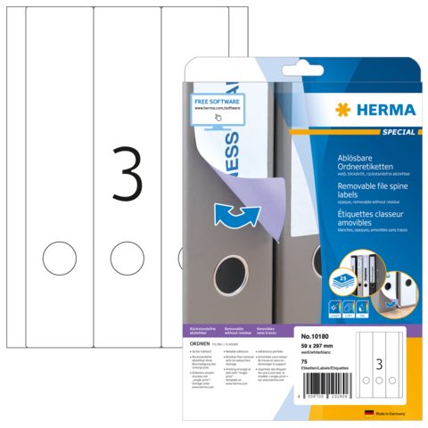 Abziehbare Ordneretiketten von Herma, Packung mit 75 Etiketten, geeignet für die Beschriftung von Ordnern.