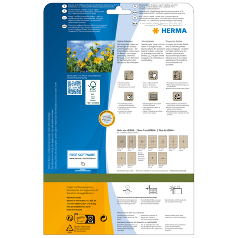 Rückseite einer Verpackung mit Anweisungen zur Verwendung von HERMA Produkten, einschließlich QR-Code und Softwarehinweis.