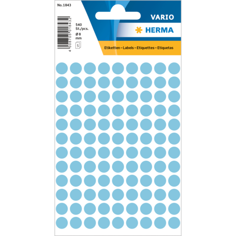 Blaues Etikettenblatt mit 540 runden Aufklebern, Durchmesser 8 mm, verpackt in einer transparenten Hülle.