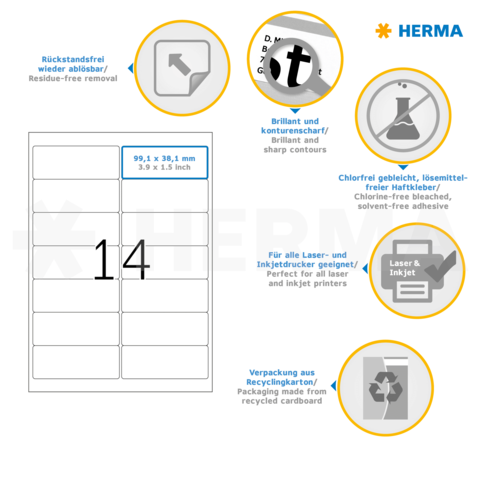 Etiketten mit den Maßen 99,1 x 38,1 mm, geeignet für Laser- und Tintenstrahldrucker, aus chlorfreiem, lösungsmittelfreiem Material.