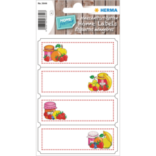 Hausetiketten mit bunten Illustrationen von Obst und Marmelade, geeignet für die Beschriftung von Lebensmitteln.