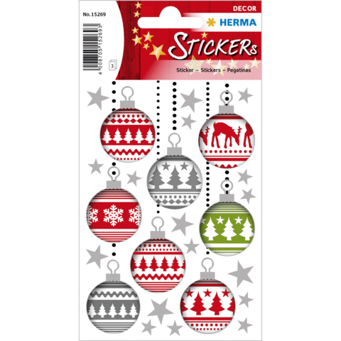 Bunte Weihnachtsaufkleber mit verschiedenen Motiven wie Kugeln, Tannenbäumen und Schneeflocken in Rot, Grün und Grau.