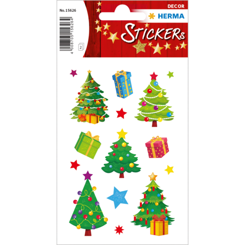 Weihnachtliche Aufkleber mit verschiedenen Tannenbäumen, Geschenken und Sternen in bunten Farben auf einem weißen Hintergrund.