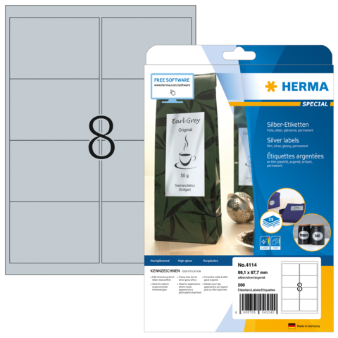 Silberne Etiketten auf einer Verpackung, die für verschiedene Anwendungen geeignet sind, mit einem Beispiel für eine Teeverpackung.