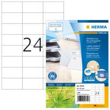 Etikettenbogen mit 24 Etiketten, hergestellt aus Recyclingpapier, mit Informationen zur Software und Anwendung.