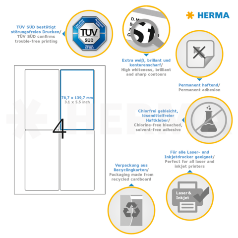 Etiketbeschrijving met technische details: Afmetingen 78,7 x 139,7 mm, permanent hechtend, chloorvrij, geschikt voor laser- en inkjetprinters.