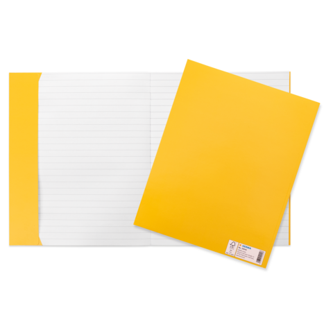 Gelbes Heft und Ordner auf einem weißen Hintergrund, das Heft hat liniertes Papier und der Ordner ist geschlossen.