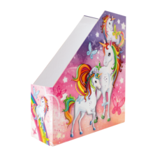Ein bunter Ordner mit Einhorn-Motiven, verziert mit Schmetterlingen und einem Regenbogen auf einem pastellfarbenen Hintergrund.
