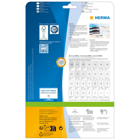 Rückseite einer Verpackung mit Informationen zu HERMA Produkten, einschließlich QR-Code und Hinweisen zur kostenlosen Software.