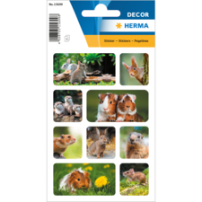 Tieraufkleber mit verschiedenen kleinen Tieren, darunter Kaninchen, Meerschweinchen und Eichhörnchen, auf einem bunten Hintergrund.