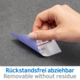 Eine Hand zieht einen ablösbaren Aufkleber von einer grauen Oberfläche. Der Aufkleber zeigt den Text „Rückstandsfrei abziehbar“.