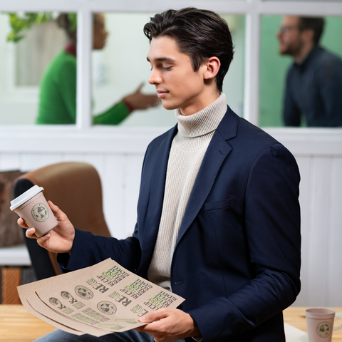Een jonge man in een blazer houdt een koffiebeker en een map met documenten vast. Op de achtergrond zijn twee personen in gesprek.
