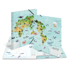 Ein aufgeschlagenes Notizbuch mit einer bunten Weltkarte, die Tiere und Meereslebewesen zeigt, sowie Illustrationen von verschiedenen Tierarten.