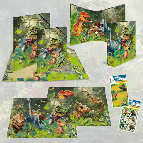 Dino-themaordners en -mappen met kleurrijke illustraties van verschillende dinosaurussen in een jungleomgeving. Bevat ook stickers.