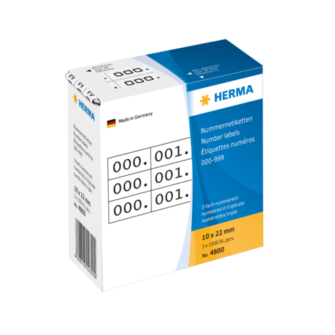 Nummer etiketten von HERMA, 3-fach nummeriert, 000-999, 10 x 22 mm, 3 x 100 Stück, Artikelnummer 4800. Hergestellt in Deutschland.