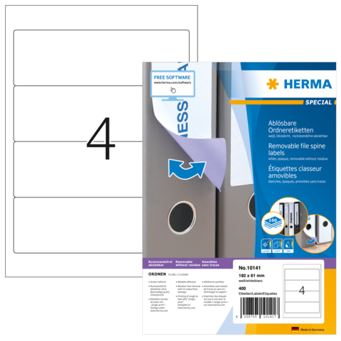 Ablösbare Ordneretiketten von Herma, mit Platz für die Nummer 4, inklusive Softwarehinweis für die Gestaltung.