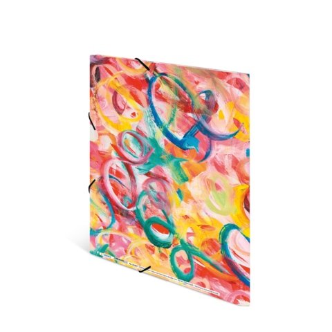 Bunte abstrakte Malerei mit geschwungenen Linien und Formen in Pink-, Blau- und Gelbtönen.