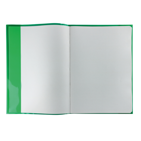 Ein offenes Notizbuch mit kariertem Papier und einem grünen Einband. Die Seiten sind leer und unbeschrieben.