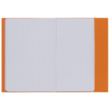 Ein offenes kariertes Heft mit orangefarbenem Umschlag und leeren, quadratischen Kästchen auf den Seiten.