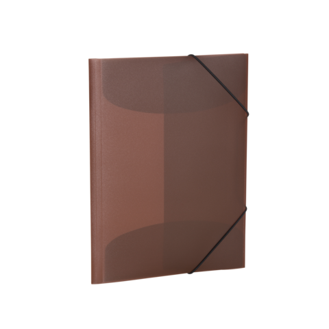 Braunes, transparentes Ordnerheft mit schwarzem Gummiband zur Sicherung von Dokumenten.