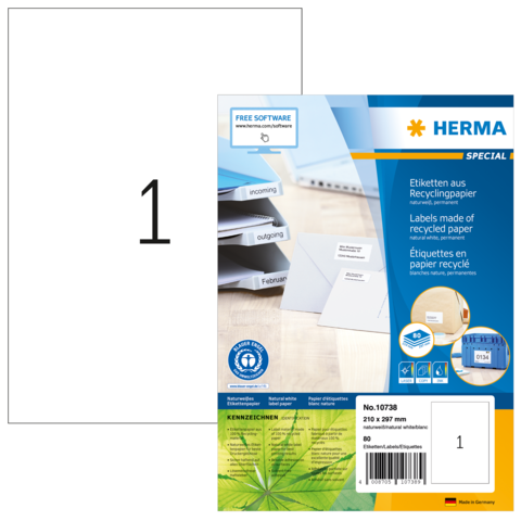 Recyclingpapier-Etikettenpackung mit 80 Etiketten, Größe 210 x 297 mm, inklusive Softwarehinweis.