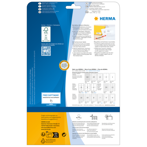 Rückseite einer Verpackung mit Informationen zu HERMA-Etiketten, einschließlich Softwarehinweis und Anleitungen zur Verwendung.