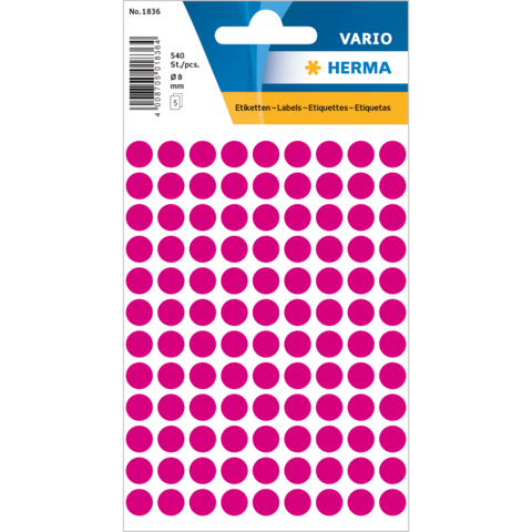 Packung mit 540 pinken Etiketten in runder Form, Durchmesser 8 mm, zur Verwendung für Beschriftungen oder Markierungen.