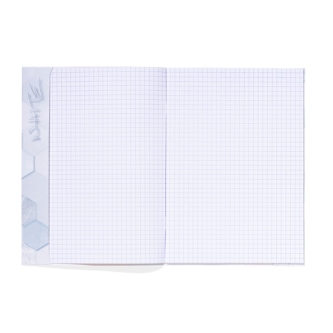 Ein offenes kariertes Notizbuch mit leeren Seiten und einem grafischen Design auf der linken Seite.