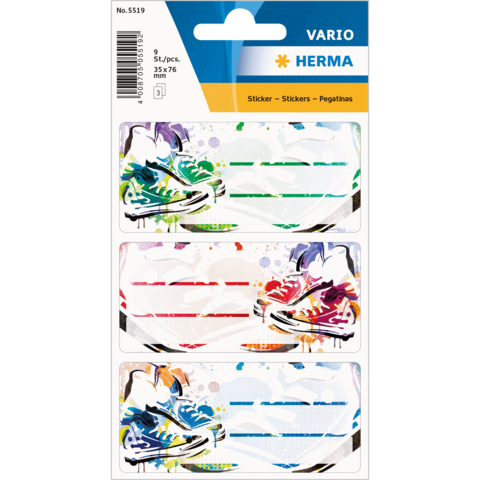 Bunte Aufkleber mit Sneakers-Design in verschiedenen Farben, verpackt in einer transparenten Hülle.