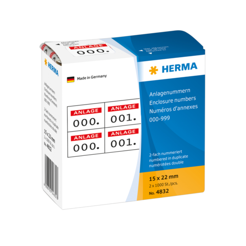 Aufbewahrungsbox mit Anlagenummern von HERMA, enthält 2000 doppelt nummerierte Etiketten in der Größe 15 x 22 mm.