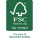 FSC-Logo für verantwortungsvolle Forstwirtschaft, mit der Website www.fsc.org und der Kennnummer FSC C110972.