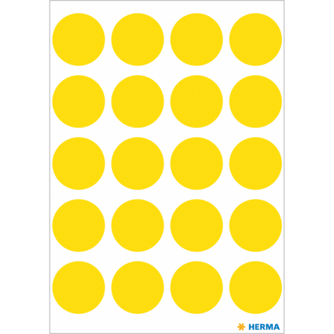 Ein Blatt mit gelben runden Aufklebern, gleichmäßig in mehreren Reihen angeordnet.