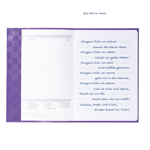 Ein offenes Notizbuch mit handschriftlichem Text über eine kleine Hexe und verschiedene Aktivitäten am Morgen.