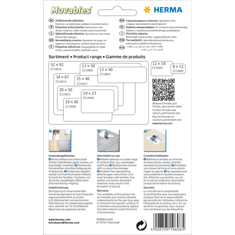 Produktinformationen zu Herma Movables, einschließlich Größen und Anwendungshinweisen für Etiketten. QR-Code für weitere Informationen.