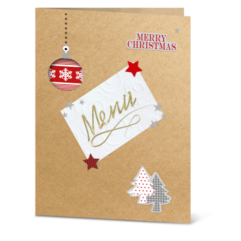 Weihnachtskarte mit einem dekorativen Menü, verziert mit einem roten Weihnachtsbaumornament, Sternen und einem kleinen Weihnachtsbaum.