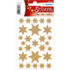 Goldene Sternaufkleber in verschiedenen Größen auf einem Bogen, ideal für Dekoration oder Bastelprojekte.