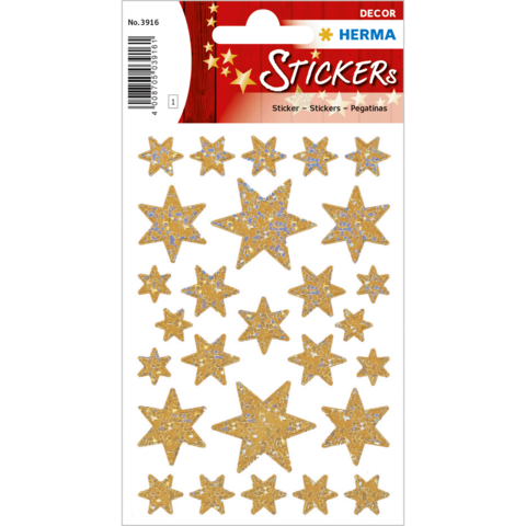 Goldene Sternaufkleber in verschiedenen Größen auf einem Bogen, ideal für Dekoration oder Bastelprojekte.