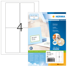 Etikettenbogen mit vier beschriftbaren Feldern und einer Verpackung von HERMA, die die Verwendung von kostenloser Software anzeigt.