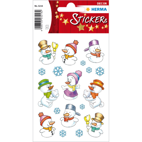Aufkleber mit verschiedenen Schneemännern, die Hüte tragen und Schneeflocken halten, in bunten Farben.