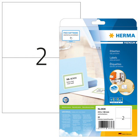 Etikettenpackung von Herma mit 210 x 148 mm großen Etiketten. Enthält 20 Etiketten, Beispieletikett mit dem Text "MR. SUNNY".