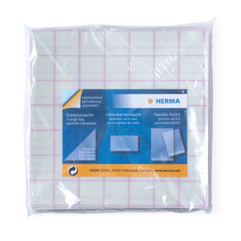 Selbstklebende, transparente Visitenkartentaschen in einer Verpackung, geeignet für A4/A5 Formate. Enthält 10 Taschen.