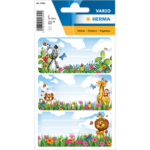 Bunte Aufkleber mit Tieren und Blumen, darunter ein Zebra, ein Löwe und Schmetterlinge vor einem blauen Himmel.