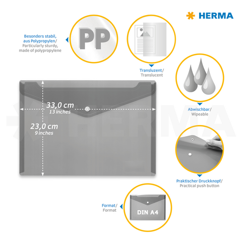 Transparante, afwasbare documententas uit polypropyleen, geschikt voor DIN A4, met praktische drukknoop en stevige afwerking.