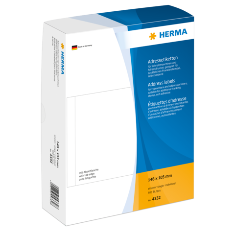 Adressetiketten-Packung von HERMA, 148 x 105 mm, geeignet für Drucker, mit abziehbaren Etiketten.