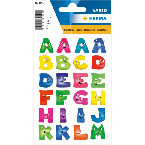 Bunte Buchstabenaufkleber in verschiedenen Farben und mit Gesichtsausdrücken, angeordnet in einem Raster. Ideal für Beschriftungen und kreative Projekte.