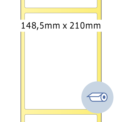 Formatbeschreibung für Papier: 148,5 mm x 210 mm, mit einem Symbol für einen Drucker.